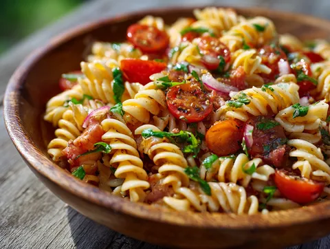 Bruschetta Pastasallad med Balsamicodressing – fotograferad ovanifrån