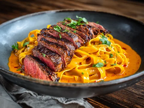 Entrecôte med fettuccine och tikka masala-sås