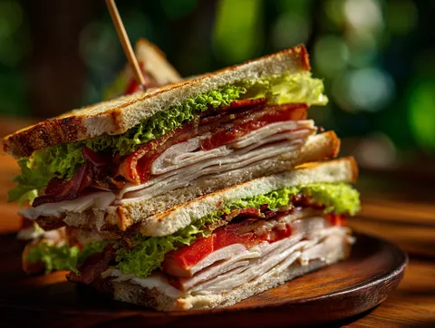 Klassisk Club Sandwich med Kalkon, Skinka och Bacon