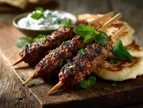 Grillade lammkoftas på spett med myntayoghurt och pitabröd