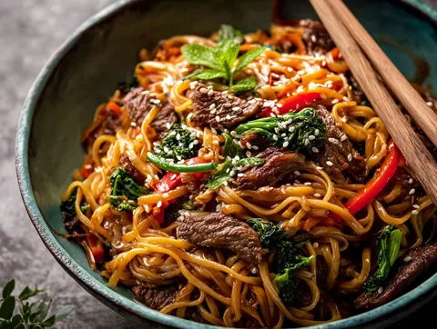 Koreansk Nötkött med Sesamnudlar på 20 Minuter