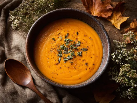 Krämig Butternut Squash-soppa med Salvia och Rosmarin