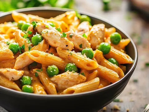 Krämig kycklingpasta med curry – fotograferad ovanifrån