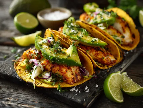 Krispiga Fisktacos med Kålsallad och Lime – fotograferad ovanifrån
