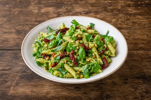 Pasta med ärtpesto och soltorkade tomater – fotograferad ovanifrån