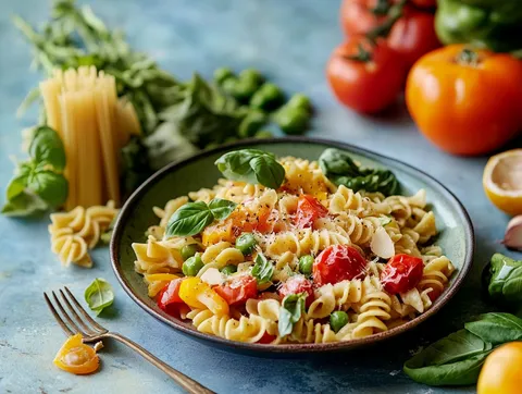 Pasta Primavera – fotograferad ovanifrån