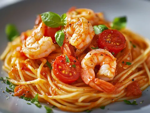 Spaghetti med Räkor och Körsbärstomater – fotograferad ovanifrån