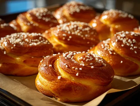 Nygräddade vaniljbullar med vaniljkrämfyllning och pärlsocker