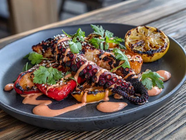 Grillad bläckfisk med grillade paprikor och gochujang-aioli