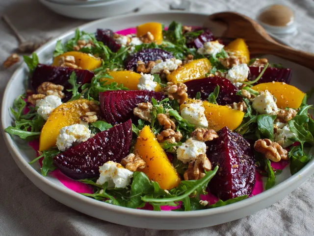 Rostad rödbetssallad med mango, getost och hallonvinägrett