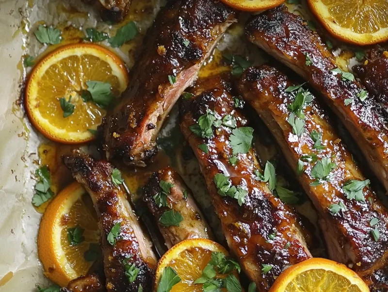 Ugnsgrillade revbensspjäll med apelsin- och ingefärsglaze